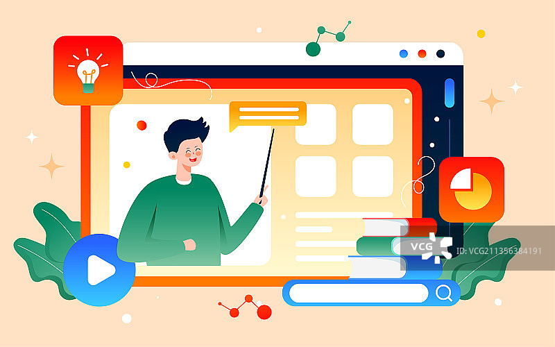 在线教育网课学习插画老师直播教育学生海报图片素材