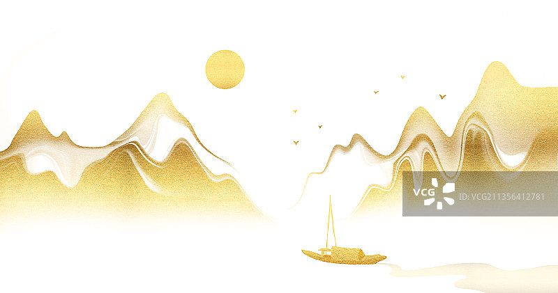 新中式金碧辉煌水墨山水插画图片素材