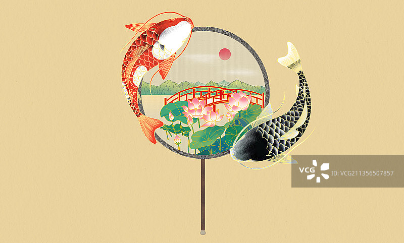 国潮风中国风新中式古风中国画山水画团扇莲花鲤鱼节气传统插画图片素材