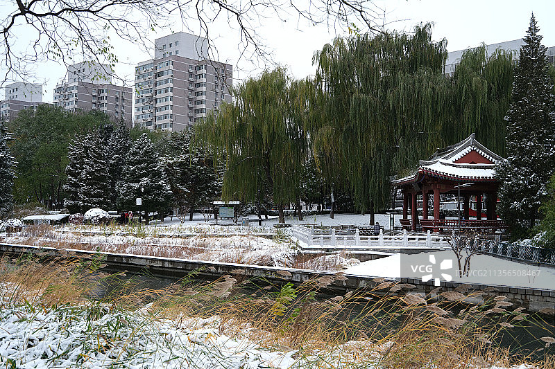 2021年11月7日，北京元土城遗址公园雪景如画。图片素材