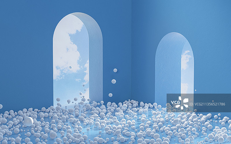 创意蓝色空间与白色球体 3D渲染图片素材