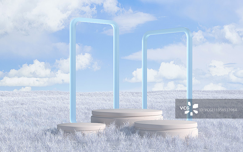 创意白色户外草地场景 3D渲染图片素材