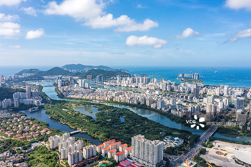 海南省三亚市吉阳区临春河市白鹭公园全景图片素材