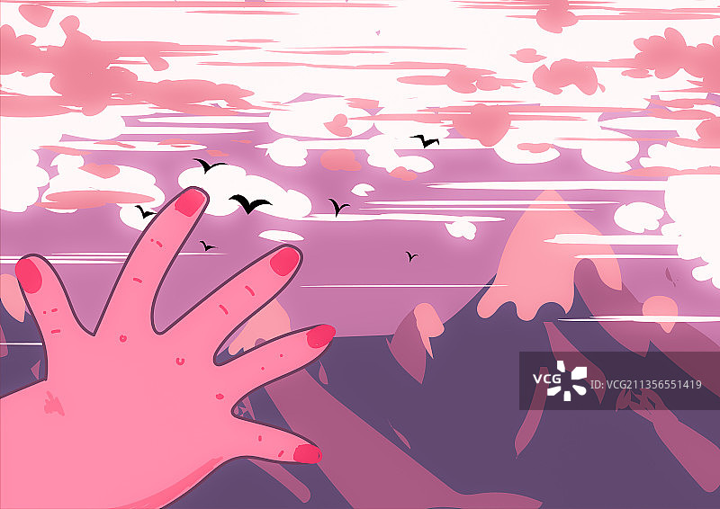 户外攀登冒险飞鸟白云高峰飞行的鸟伸出去的手漂浮的云自然插画图片素材