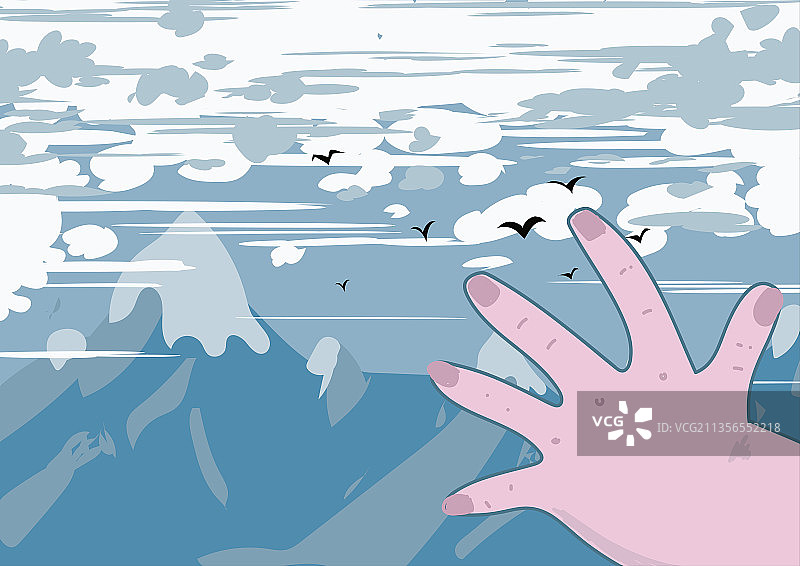 户外攀登冒险飞鸟白云高峰飞行的鸟伸出去的手漂浮的云自然插画图片素材