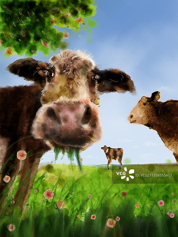水彩效果插画吃草的三只牛图片素材