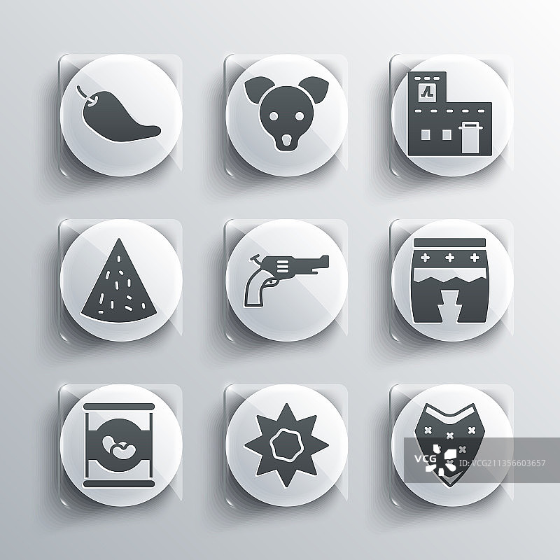 夕阳下的雨披、鼓、左轮手枪和豆子图片素材