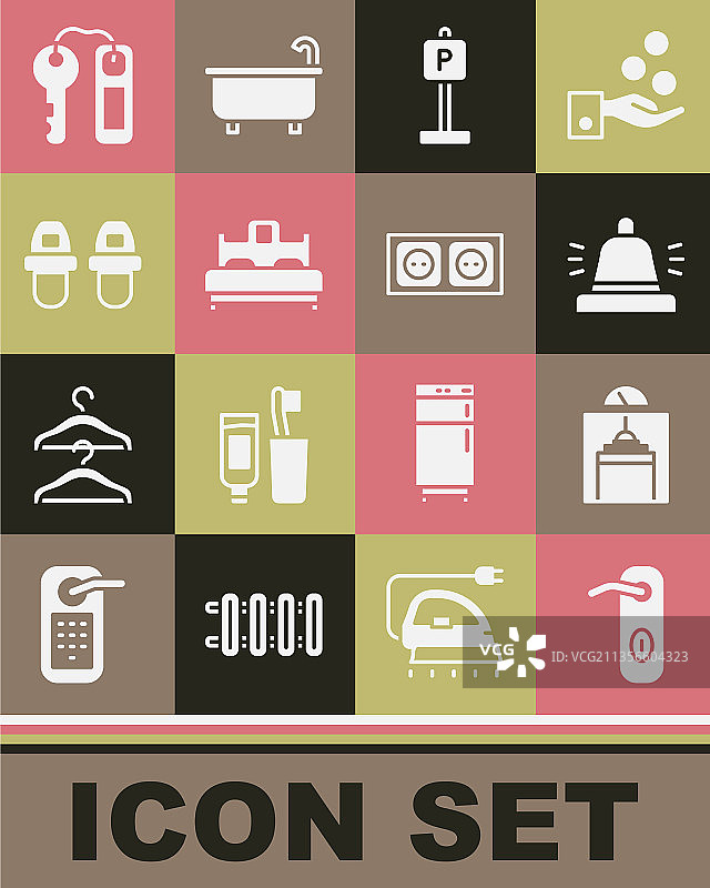 门把手、电梯、酒店服务铃和停车场图标套装图片素材