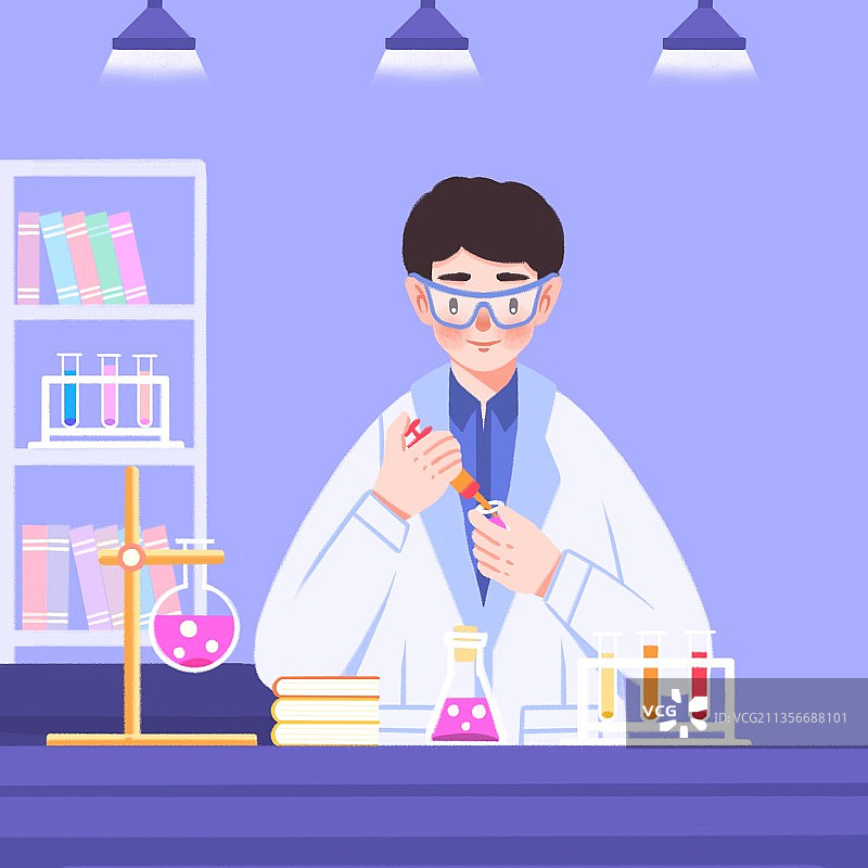 插画,职业,科学家,医疗,做实验,药水,实验室,书架,书,图片素材