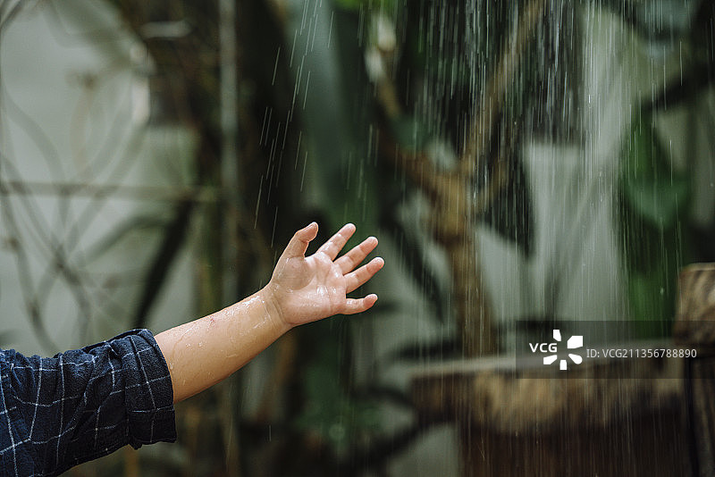 孩子的手触摸着雨落在户外。第一次经历。图片素材
