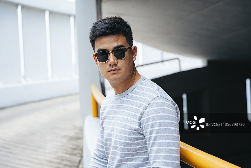 时尚肖像-亚洲男人在城市户外戴太阳镜。图片素材