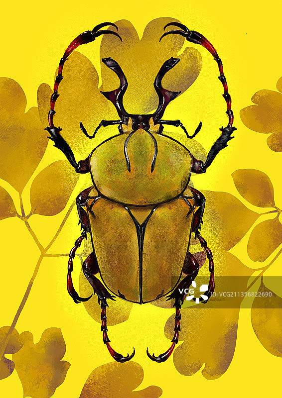 写实装饰插画秋黄叶子上的美丽昆虫图片素材