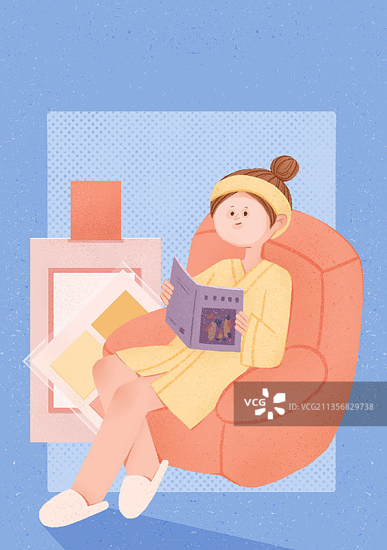 女孩坐在沙发看杂志敷面膜图片素材