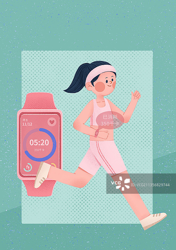 女孩戴着运动手环跑步图片素材