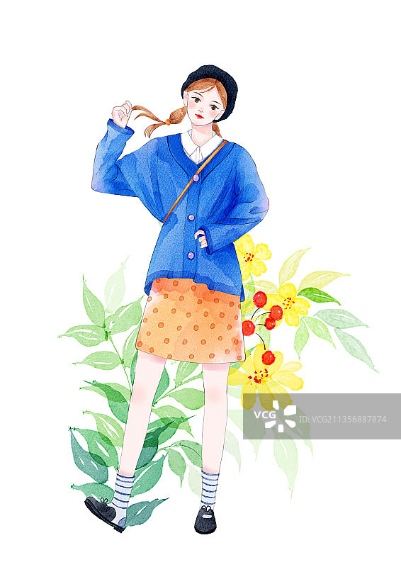 手绘小清新水彩少女插画图片素材