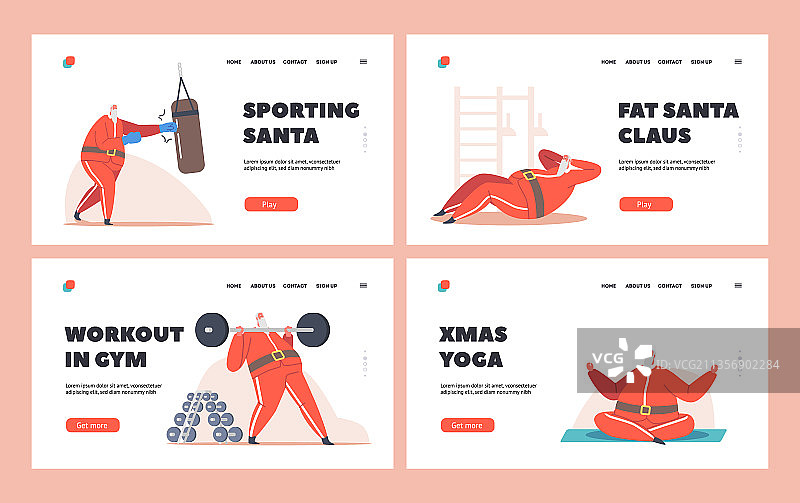圣诞老人在健身房锻炼的着陆页模板图片素材