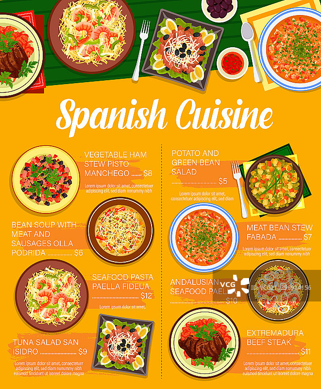 西班牙美食菜单：肉类、海鲜、蔬菜海鲜饭图片素材