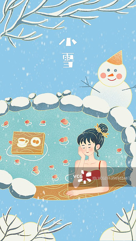 插画,泡温泉,小雪,大雪,下雪,温泉,寒冷,冬天,雪人,蓝色图片素材
