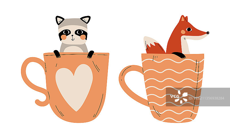 坐在地上的可爱红脸浣熊和狐狸图片素材