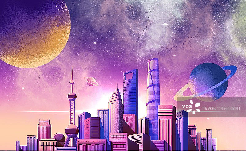 赛博朋克上海城市插画图片素材
