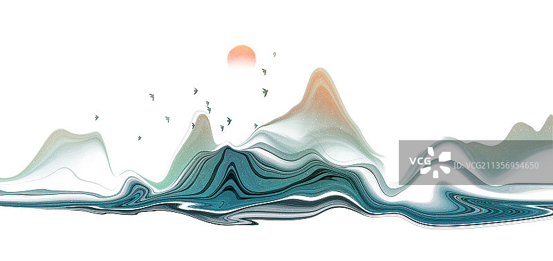 新中式水墨流体山水插画图片素材