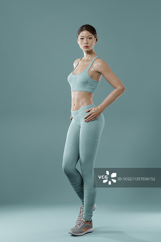 三维软件制作的穿着健身服的完美身材亚洲女孩图片素材