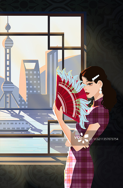 上海，旗袍，女人，优雅，手绘，扇子图片素材