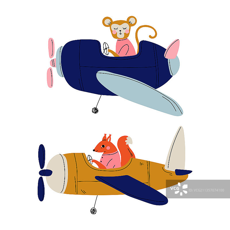 驾驶复古飞机的可爱动物飞行员图片素材