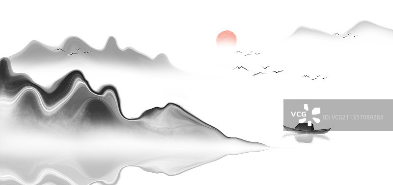 新中式水墨山水插画图片素材