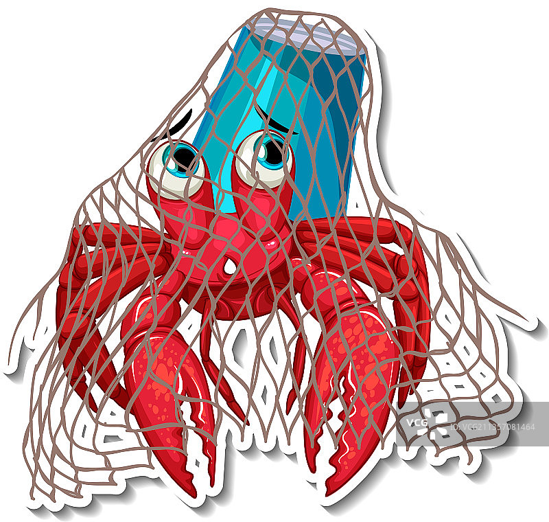 困在渔网和塑料杯中的寄居蟹图片素材