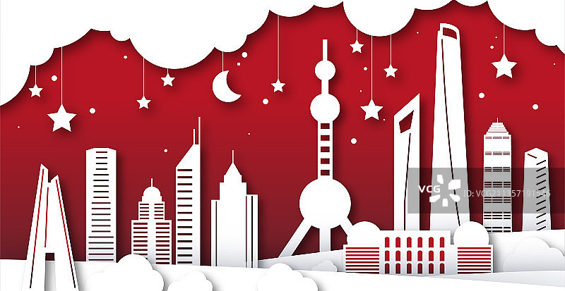 剪纸,剪影,中国,上海,城市,建筑,著名景点,插画,矢量图片素材