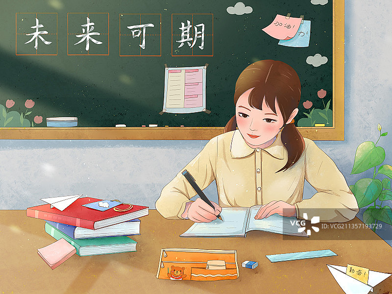 在教室写作业的学生插画图片素材