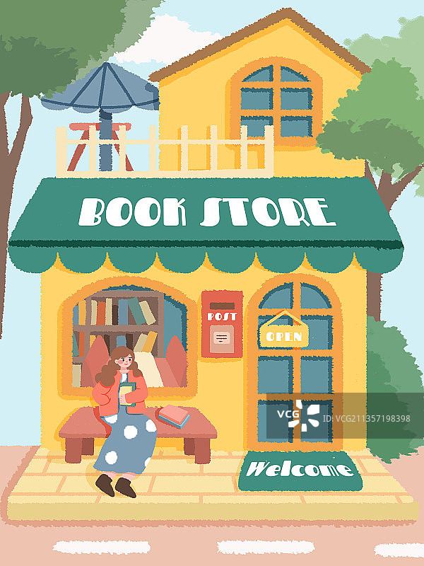 插画 老街书店 女孩二层小楼看书 扁平风 清新图片素材