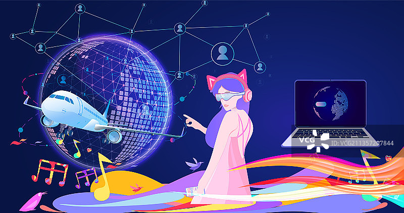 玩家戴VR眼镜登陆元宇宙虚拟世界插画图片素材