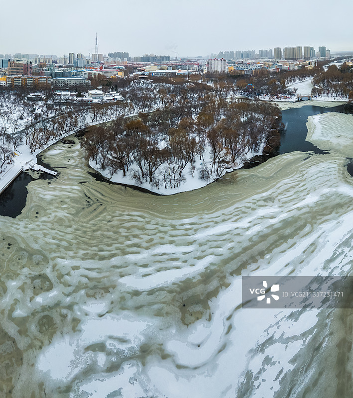 黑龙江省齐齐哈尔市龙沙公园雪后航拍，北国风光，千里冰封图片素材