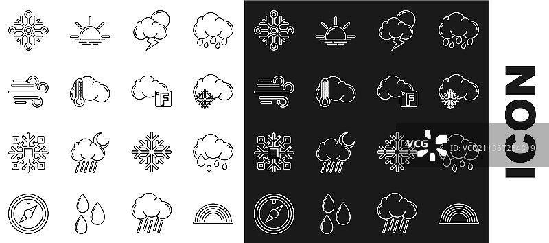 彩虹、云朵、雨和雪线条组合图片素材