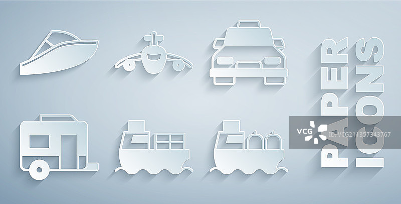 货船与箱子、出租车和房车套装图片素材