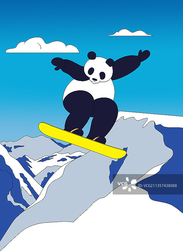 2022年北京可爱熊猫运动员冰山滑雪竞技吉祥物插画图片素材