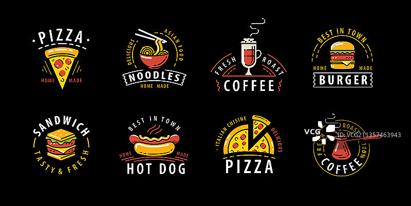 黑色背景上的餐饮美食标签合集图片素材