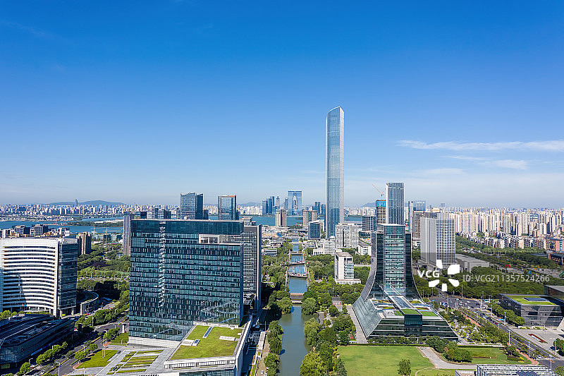 江苏苏州工业园区金鸡湖景区航拍图片素材