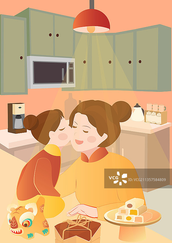 现代厨房里温馨的母女矢量插画图片素材