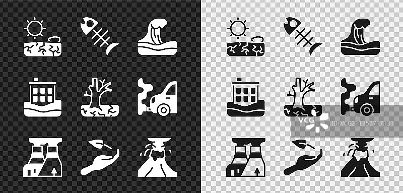 干旱、死鱼、海啸和核电组合图片素材