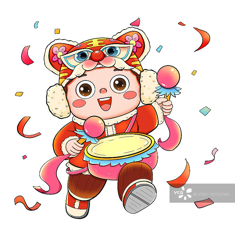 国潮打腰鼓戴虎头帽的中国福娃元素图片素材