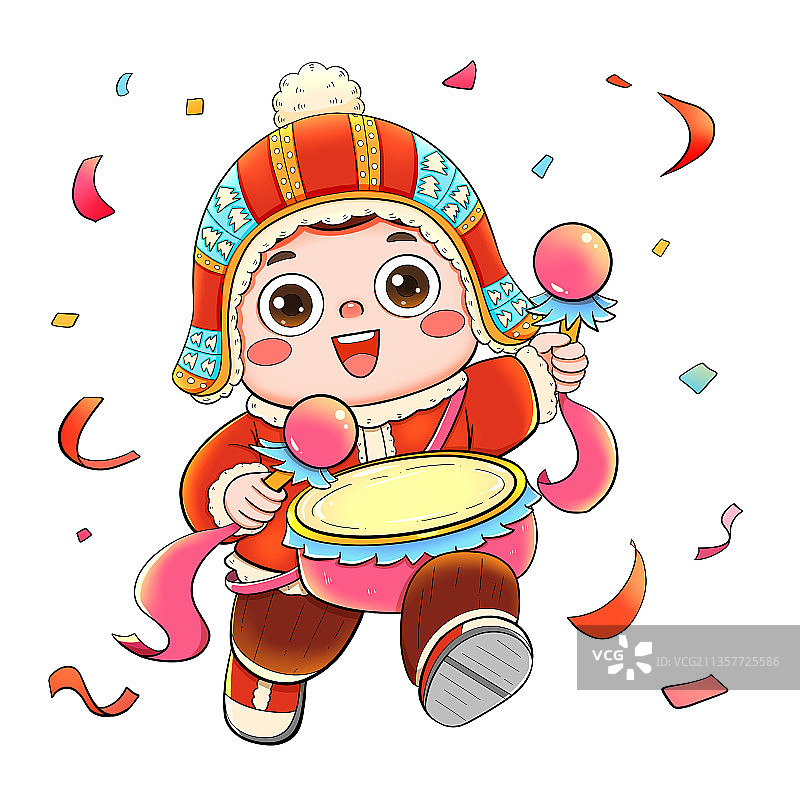 国潮打腰鼓的中国福娃元素图片素材