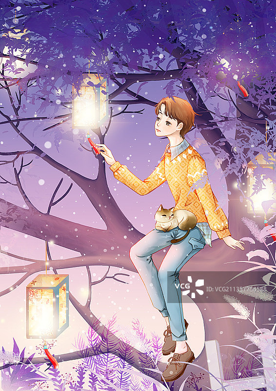 夜晚抱着猫坐在树上赏灯的男孩图片素材