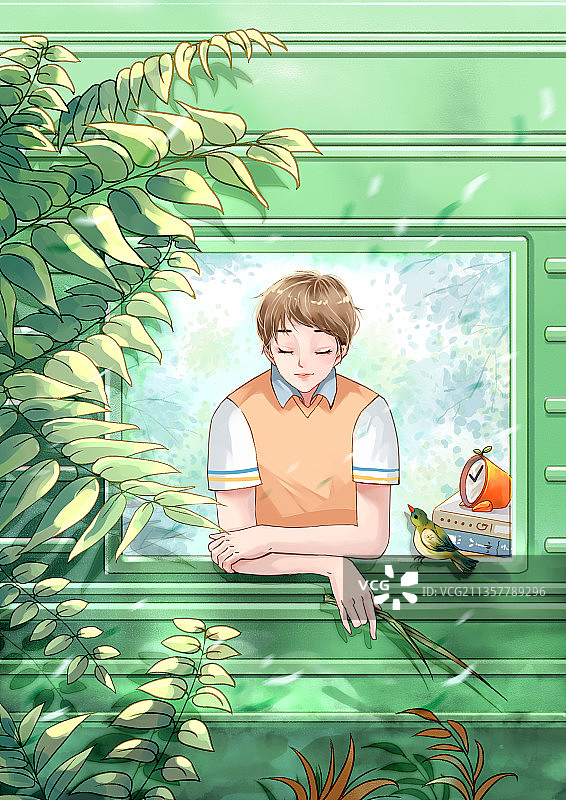 趴在绿窗边赏春意听虫声的少年图片素材