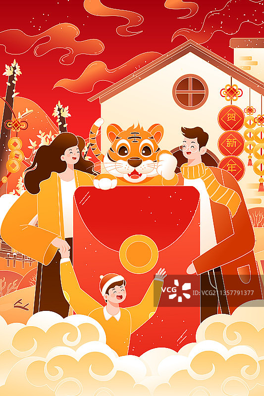 卡通2022虎年新年春节元旦除夕家人亲子中国风国潮矢量插画图片素材