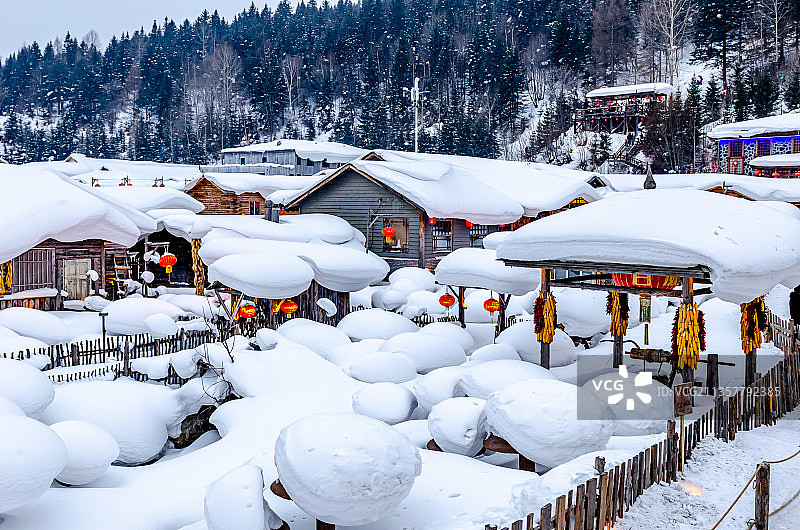 雪乡的屋顶的雪和雪蘑菇图片素材