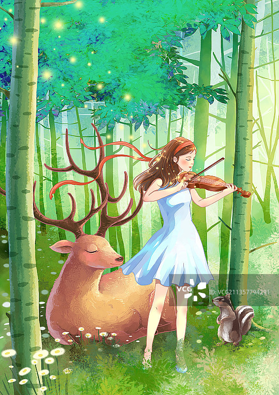 在森林里拉小提琴的白裙少女图片素材