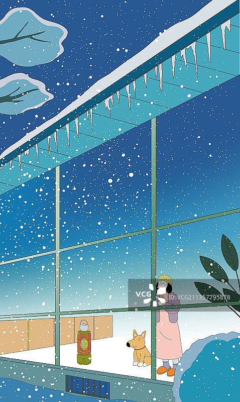 二十四节气浪漫小清新夜晚雪景小雪寒冷冬季大雪飘落插画图片素材